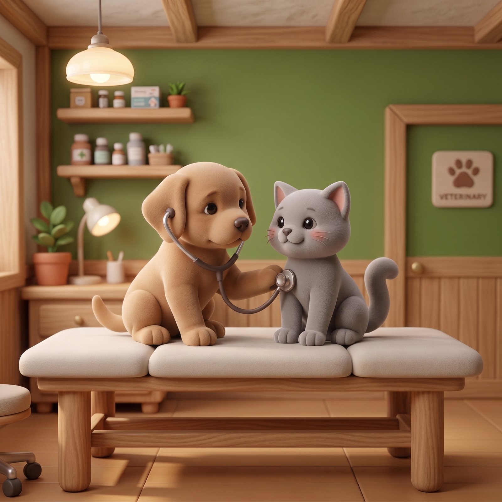 Cachorrinho examinando um gatinho com um estetoscópio em uma clínica veterinária